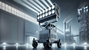 High-end mobile lighting tower with a sleek aluminum structure and powerful LED floodlights, designed for durability and precision in professional lighting applications.