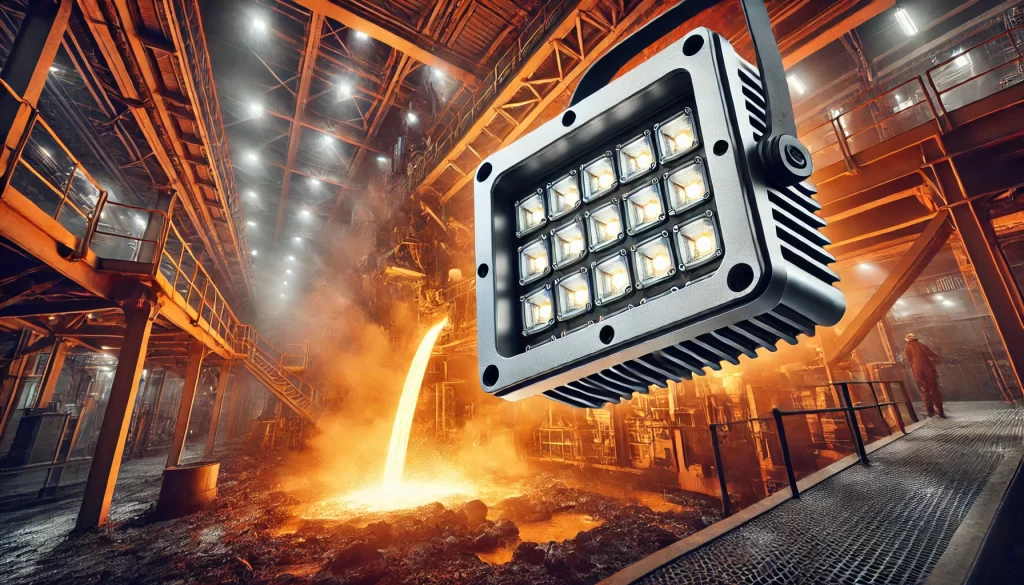 High-power modular LED light installed in a steel mill, designed for extreme high-temperature environments. The image features molten steel being poured, with intense orange and red hues reflecting the heat. The rectangular, multi-module LED fixture provides strong, energy-efficient illumination, ensuring visibility and safety in harsh industrial conditions.